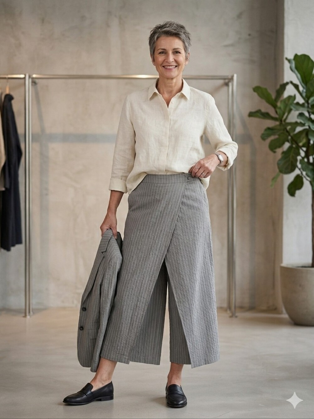 OSKA Germany Pinstripe Wide-Leg Crop Wrap-Front Culottes - Size 2 (Cotton Blend)